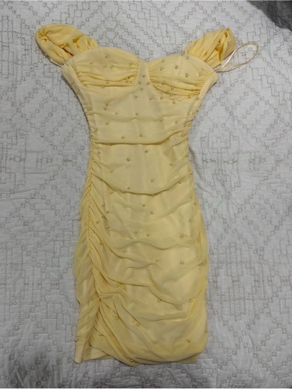 Windsor Pale Yellow Pearl-Accent Ruched Mini Dress